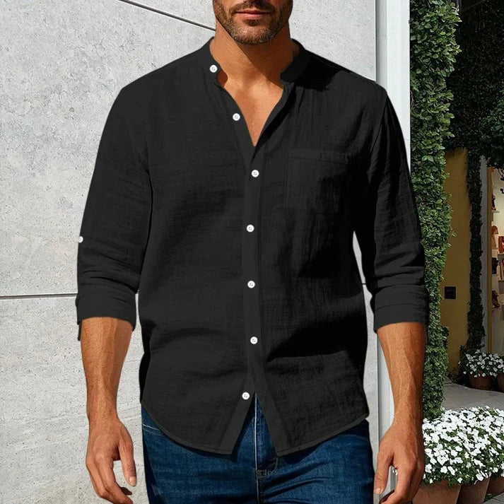 Men's Linen Long Sleeve Stand Collar Shirt
