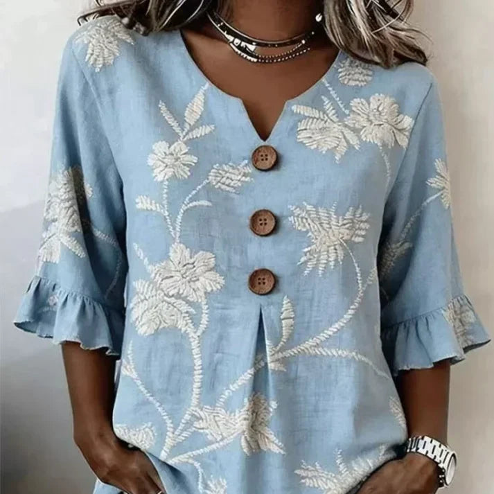 Women's Summer Floral Top with Ruffle Sleeve