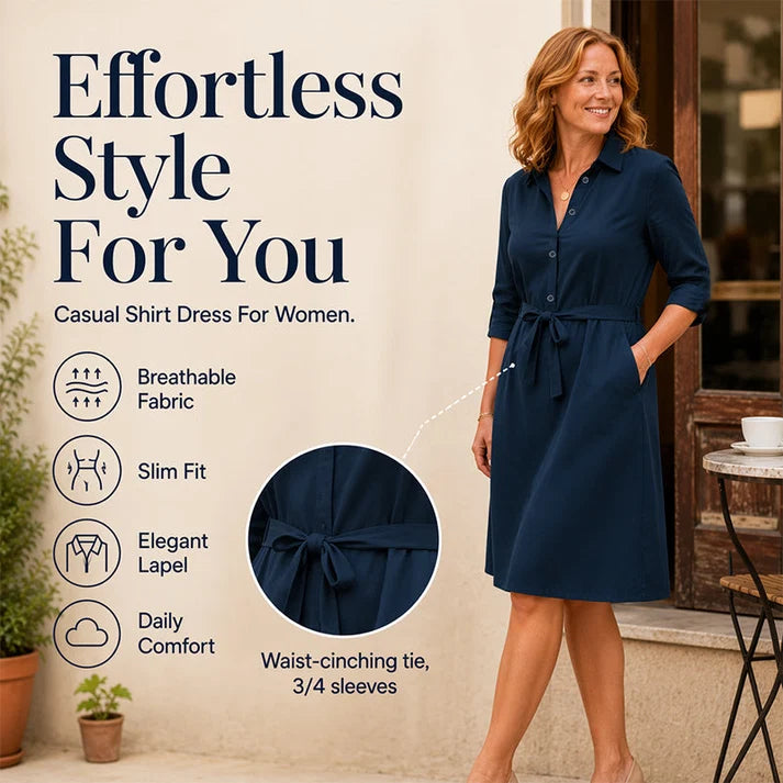 Women's 3/4 Sleeve Shirt Dress with Belt
