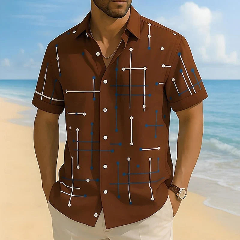 Men's Relaxed Fit Short Sleeve Button Down Shirt – Lightweight Stretch Casual Beach Shirt with Geometric Print