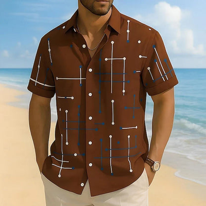 Men's Relaxed Fit Short Sleeve Button Down Shirt – Lightweight Stretch Casual Beach Shirt with Geometric Print