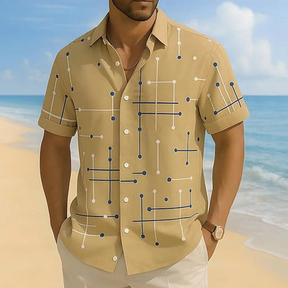 Men's Relaxed Fit Short Sleeve Button Down Shirt – Lightweight Stretch Casual Beach Shirt with Geometric Print