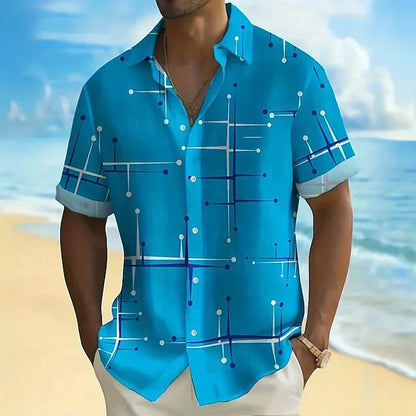 Men's Relaxed Fit Short Sleeve Button Down Shirt – Lightweight Stretch Casual Beach Shirt with Geometric Print