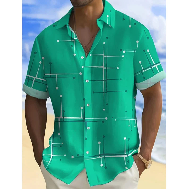 Men's Relaxed Fit Short Sleeve Button Down Shirt – Lightweight Stretch Casual Beach Shirt with Geometric Print