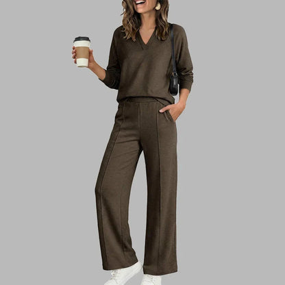 🎉 2 Pieces, Endless Possibilities | Women's V-Neck Top & Wide-Leg Pants Set